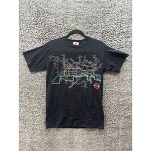 Vintage Y2K Underground London Railway Map Graphic T Shirt Black Mens Size S
